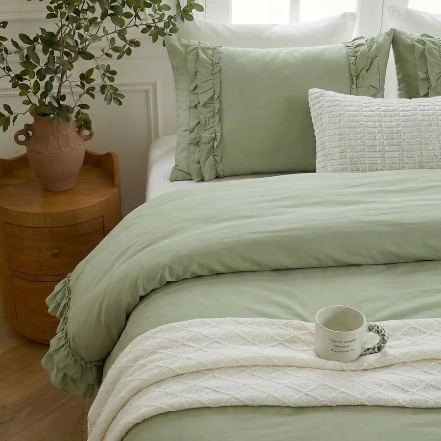 frilled pillow sham detail soft breathable green bed linen