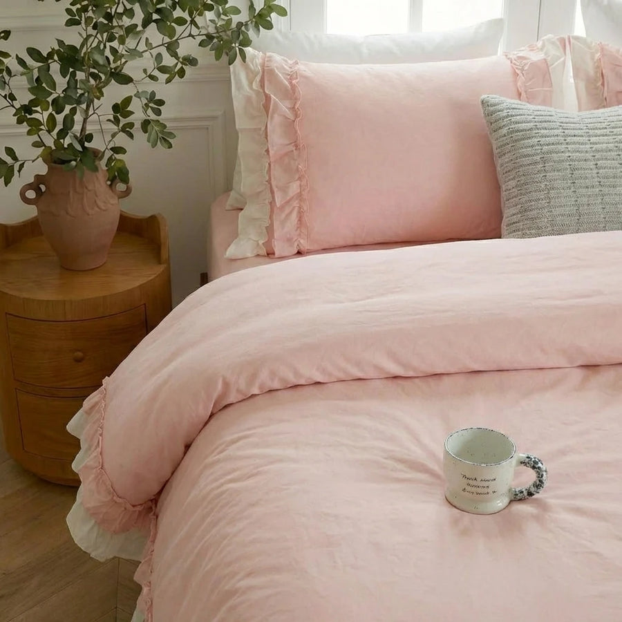 frilled pillow sham detail soft breathable muted pink bed linen