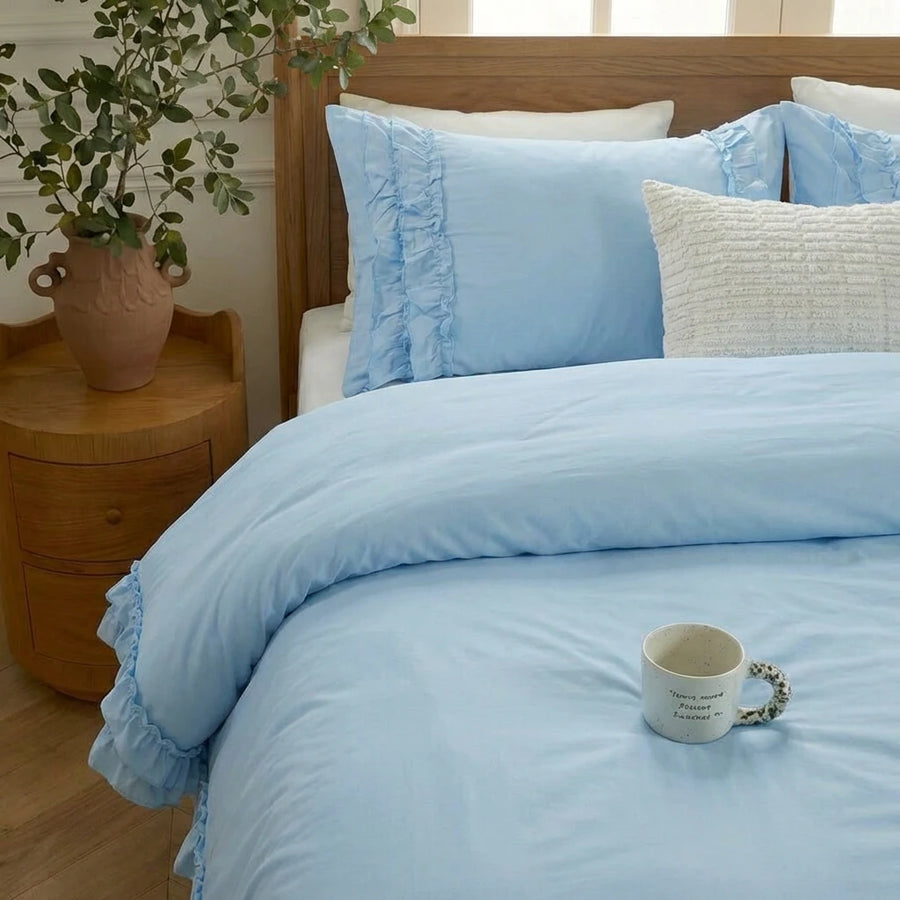 frilled pillow sham detail soft breathable navy cotton fabric