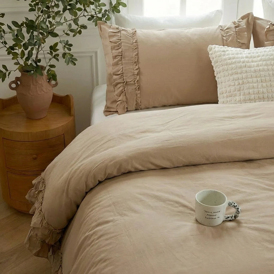 frilled pillow sham detail soft breathable washed cotton ginger yellow