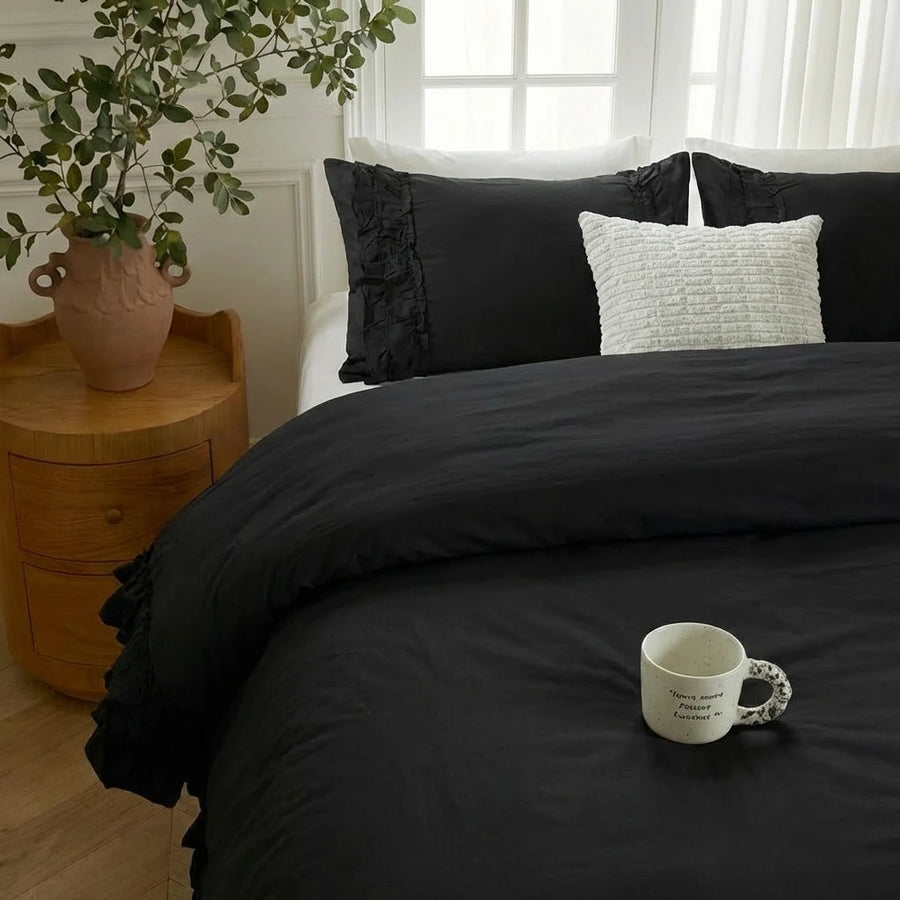 frilled pillow shams detail soft breathable black cotton fabric