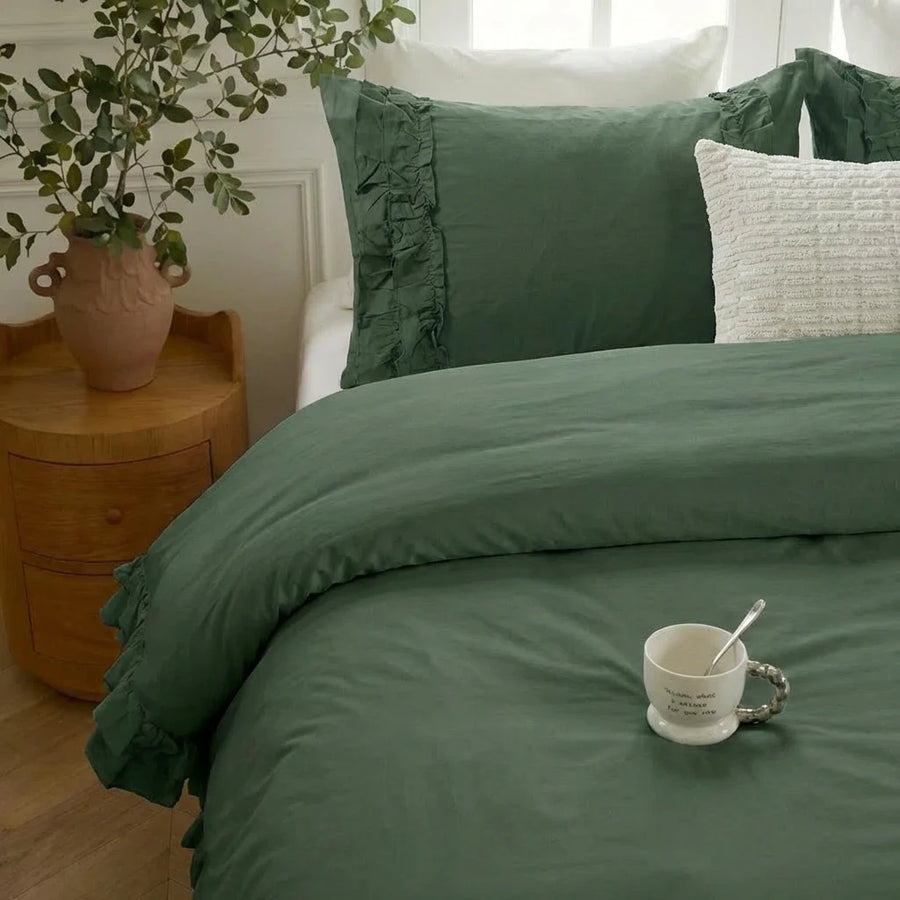 frilled pillow shams with soft washed cotton duvet cover green