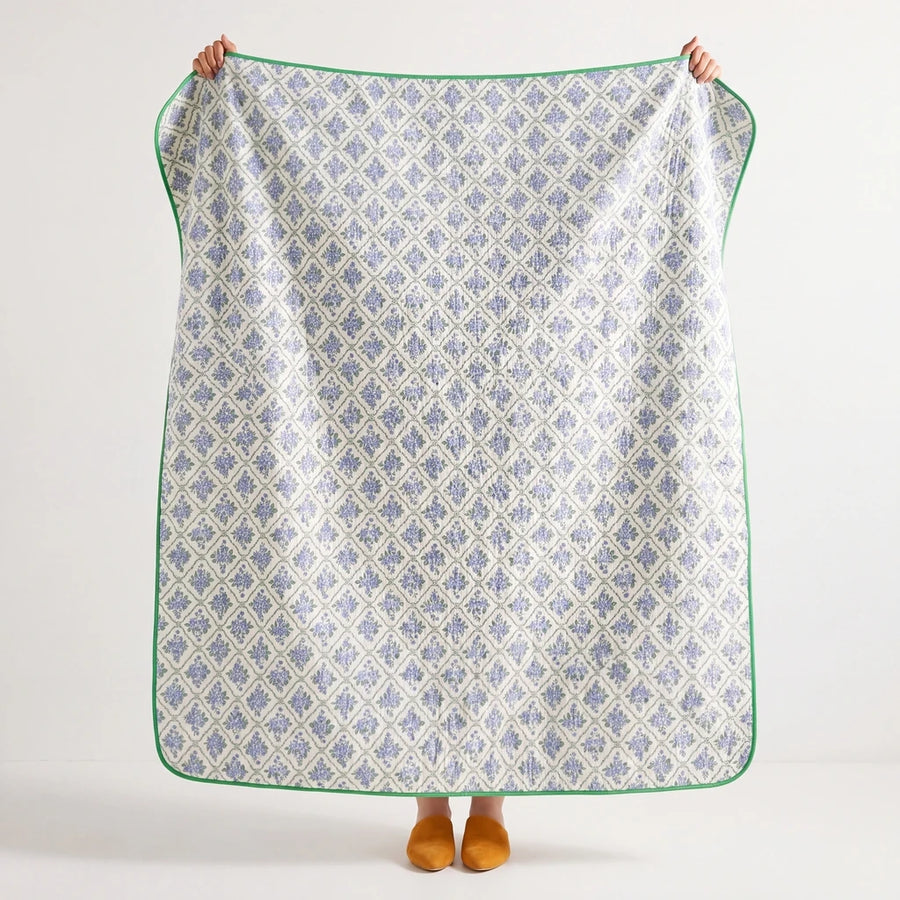 full view fernwood muslin blanket collection lilac trellis green border
