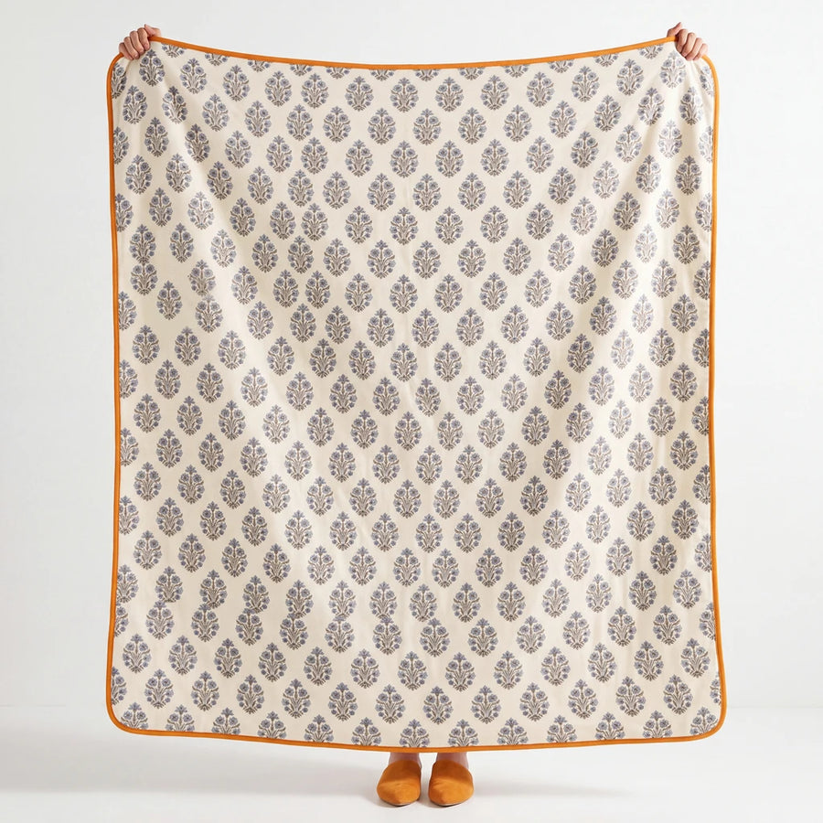 full view fernwood muslin blanket indigo sprig mustard trim