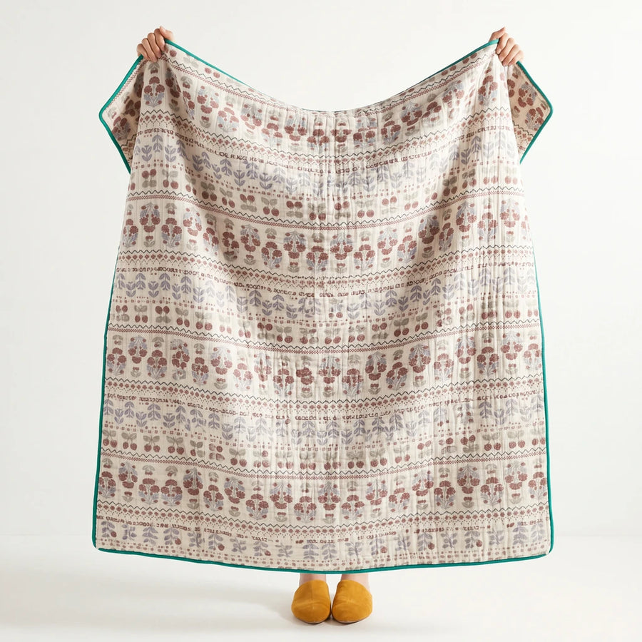 full view fernwood muslin blanket powder blossom teal trim