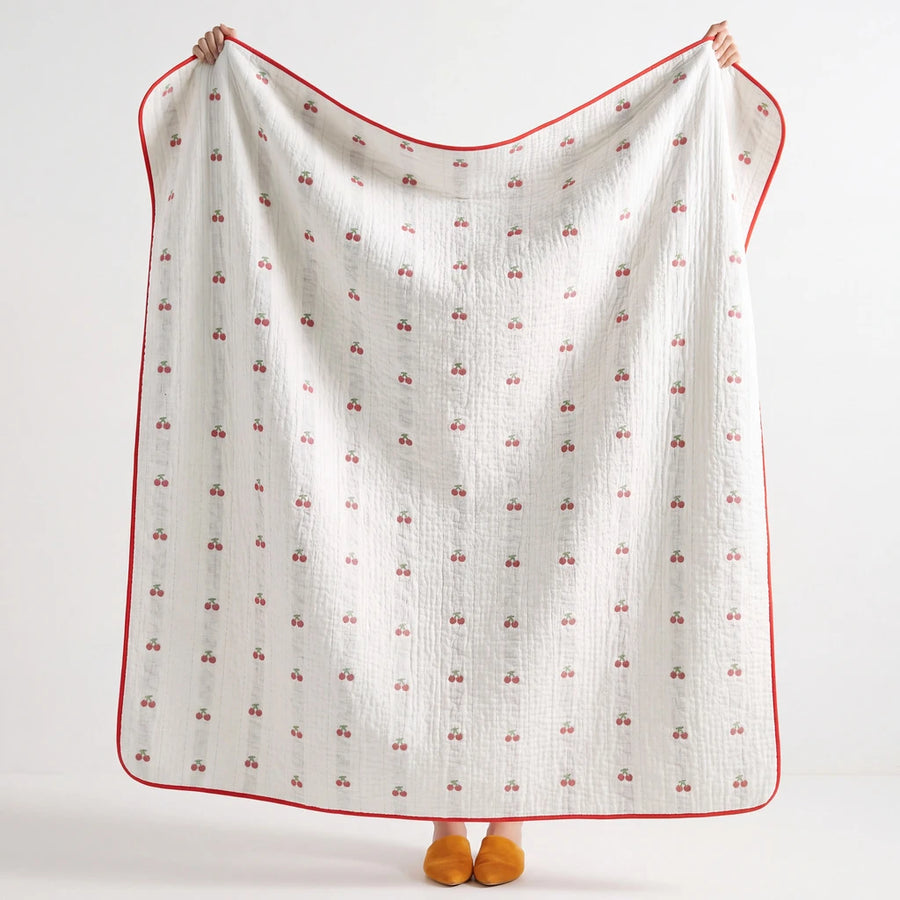 full view garden patch jacquard throw blanket cherry bud red trim