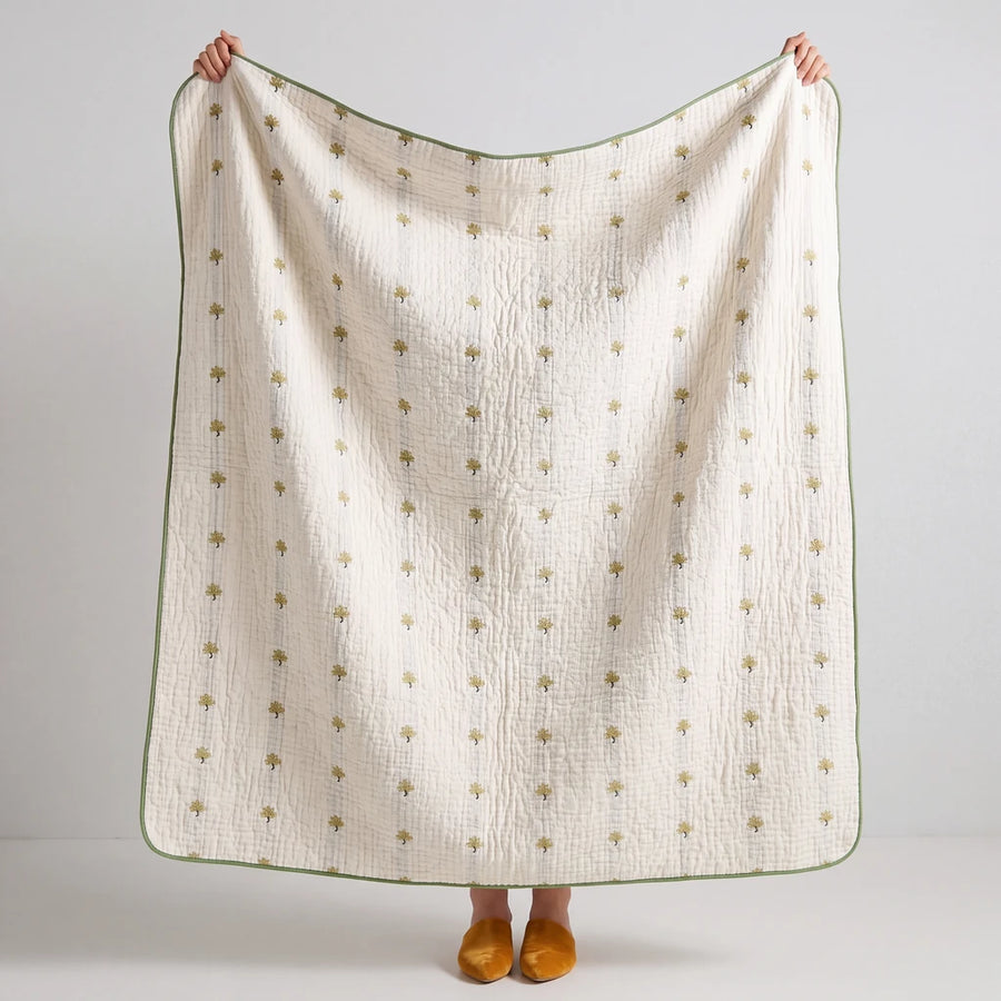 full view garden patch jacquard throw blanket maple green sage trim