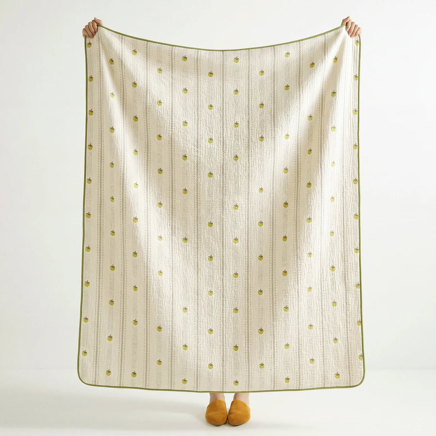 full view sunday patchwork muslin blanket strawberry green sage border