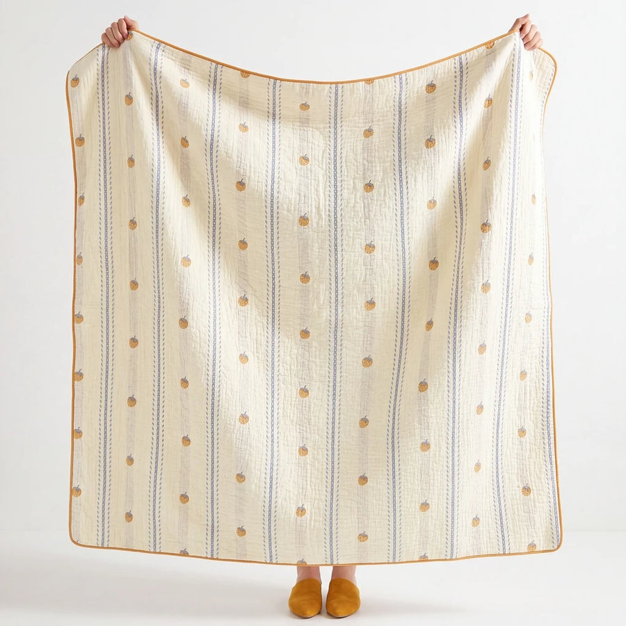 full view sunday patchwork muslin blanket strawberry yellow mustard border