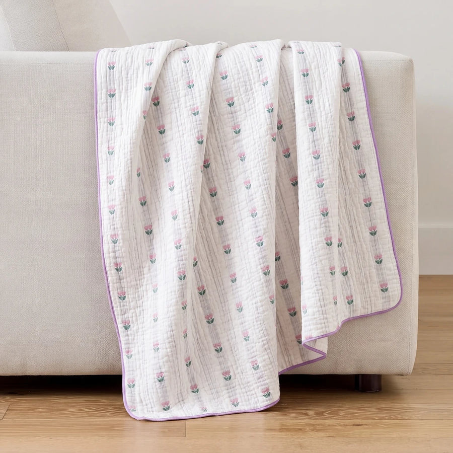 garden patch jacquard throw blanket blossom purple off white sofa drape