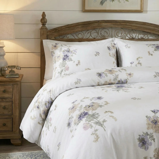 close-up of detailed purple gardenia botanical flower print soft breathable cotton fabric texture