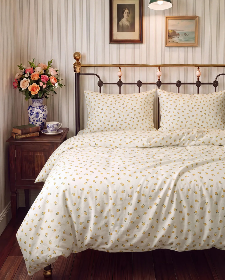 golden ditsy floral comforter set vintage bedroom