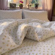 golden ditsy floral duvet cover set side view pink curtain bedroom