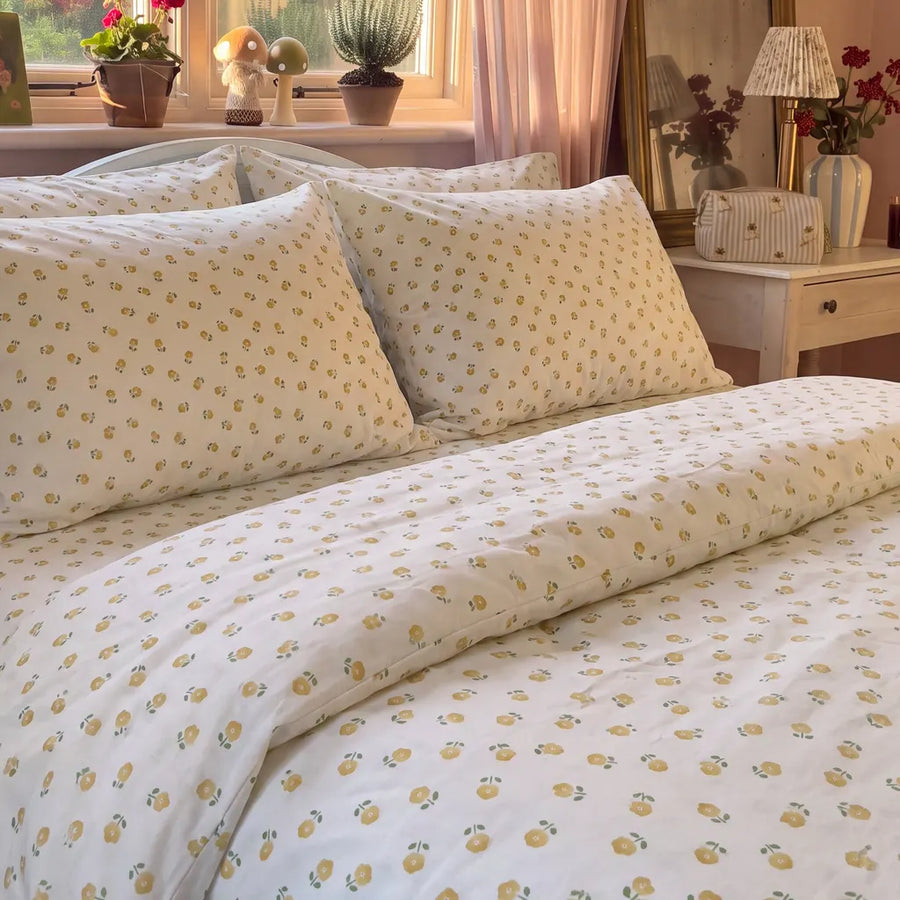 golden ditsy floral duvet cover set white wooden bed bedroom