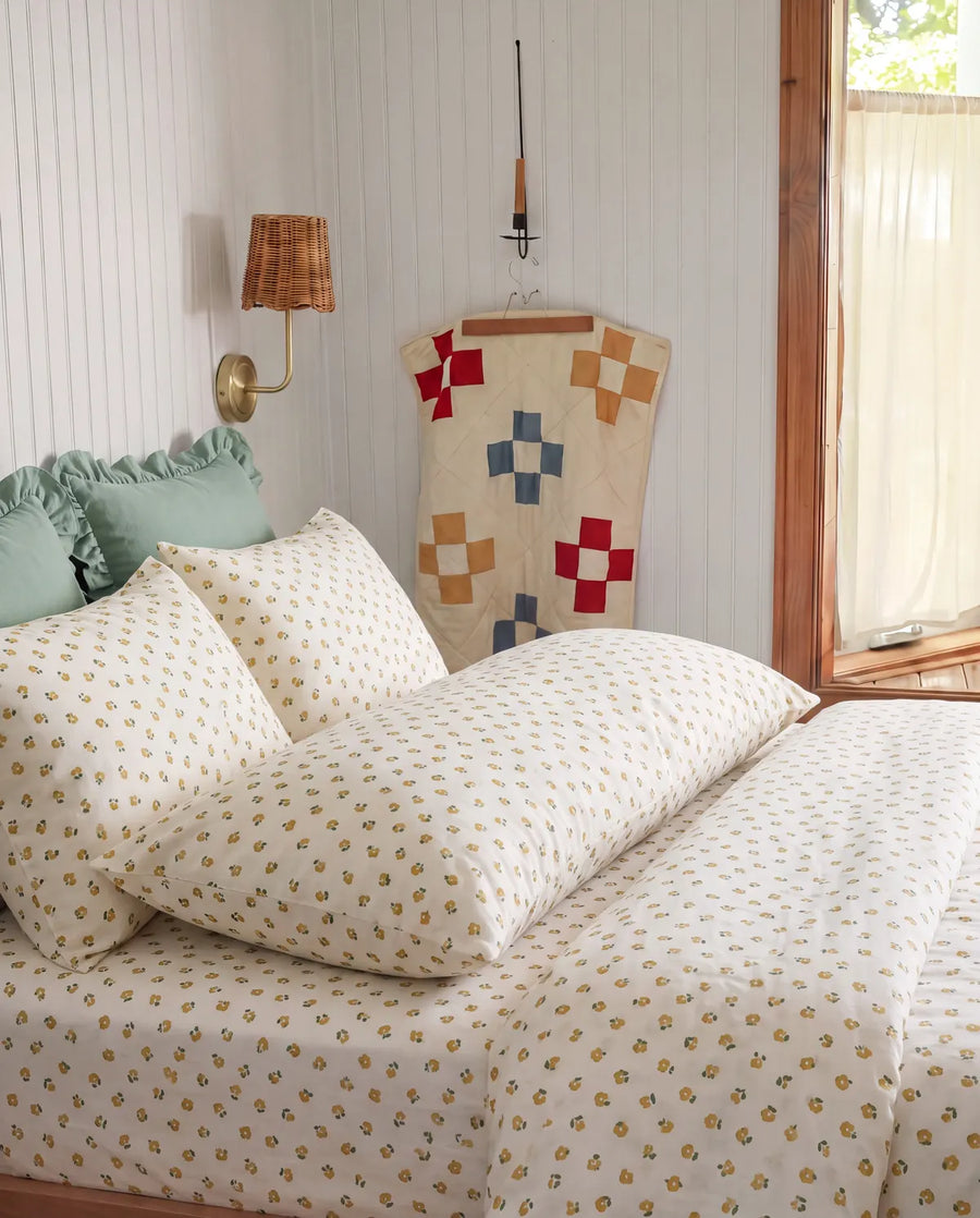 golden ditsy floral pillowcases cottagecore bedroom styling