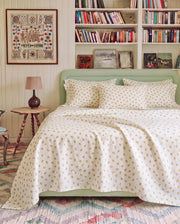 golden ditsy floral sheet set cozy bedroom decor