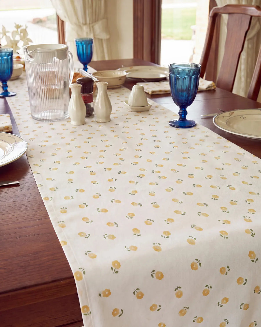 golden ditsy floral table runner fabric print detail