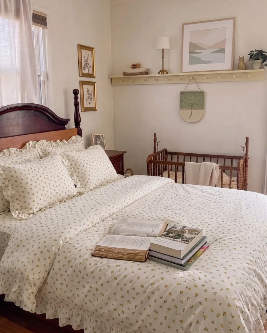 golden meadow ruffle duvet cover set cozy bedroom