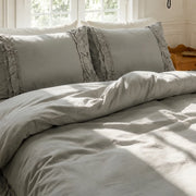 graceful ruffled duvet cover set sage grey muted neutral aesthetic