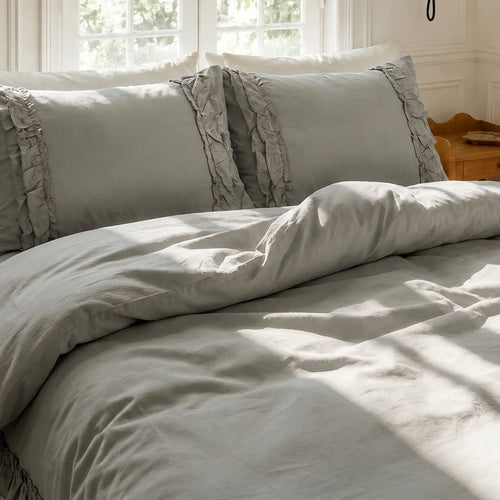 graceful ruffled duvet cover set sage grey muted neutral aesthetic