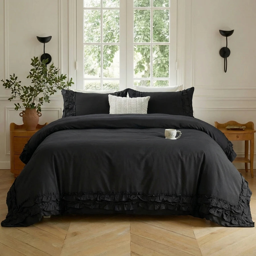 graceful ruffled solid color duvet cover set charcoal black
