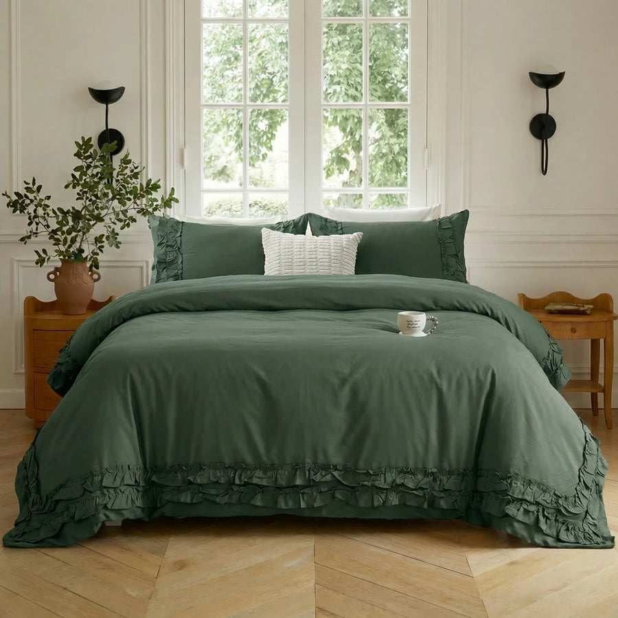 graceful ruffled solid color duvet cover set forest green