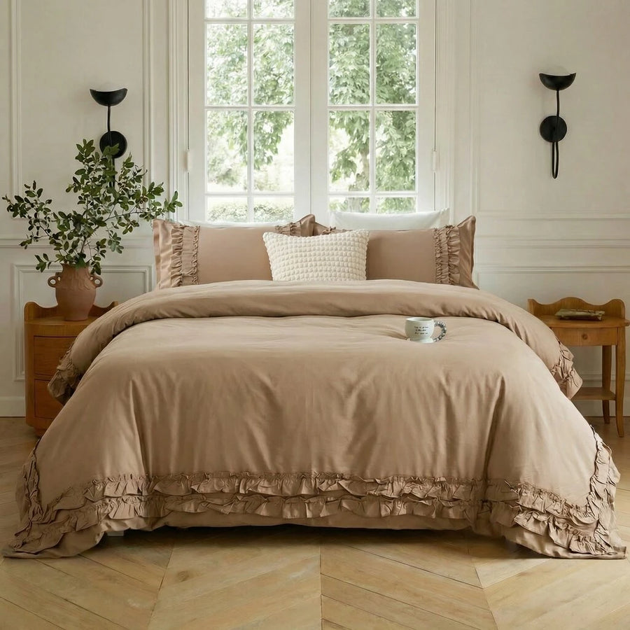 graceful ruffled solid color duvet cover set ginger mustard yellow