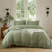 graceful ruffled solid color duvet cover set green french style
