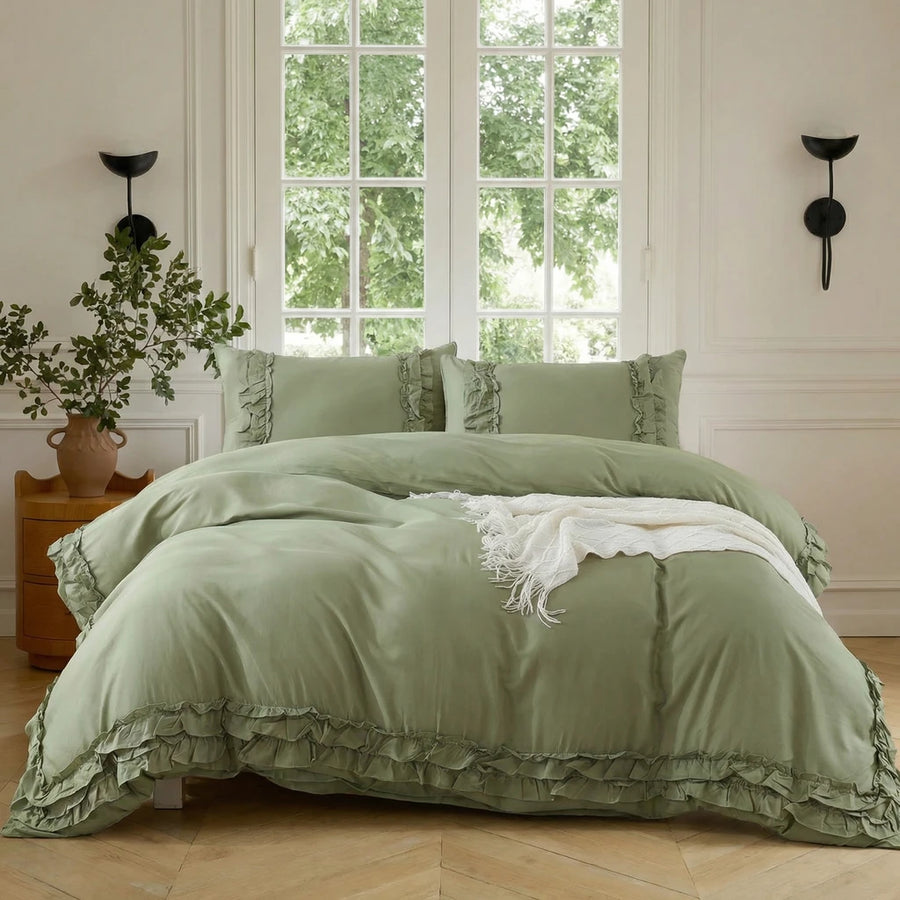 graceful ruffled solid color duvet cover set green french style