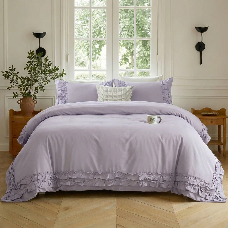 graceful ruffled solid color duvet cover set lavender purple