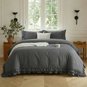 graceful ruffled solid color duvet cover set matcha sage green
