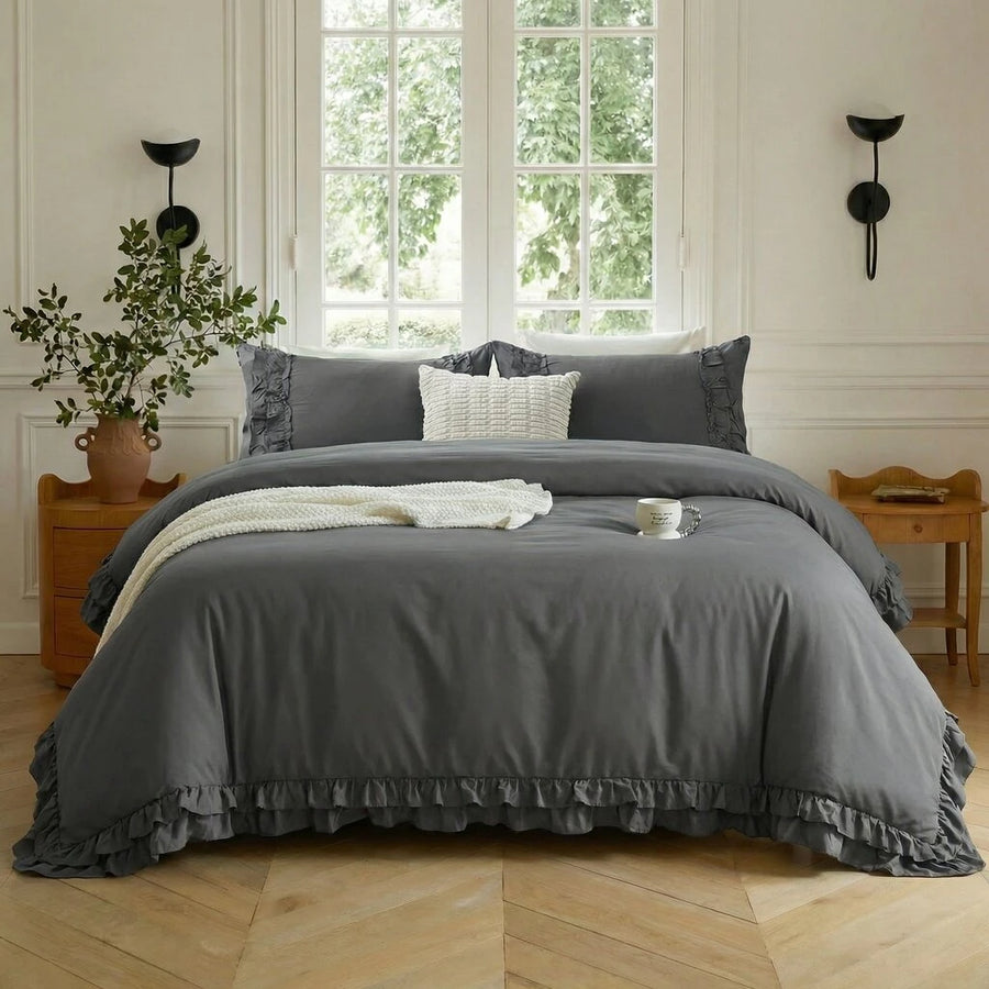 graceful ruffled solid color duvet cover set matcha sage green