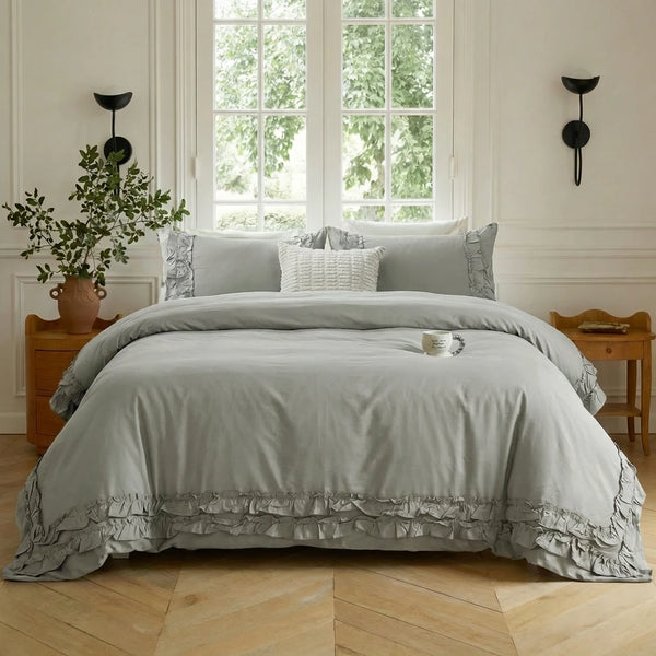 graceful ruffled solid color duvet cover set sage green