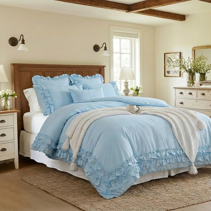 graceful ruffled solid comforter set blue bedding main