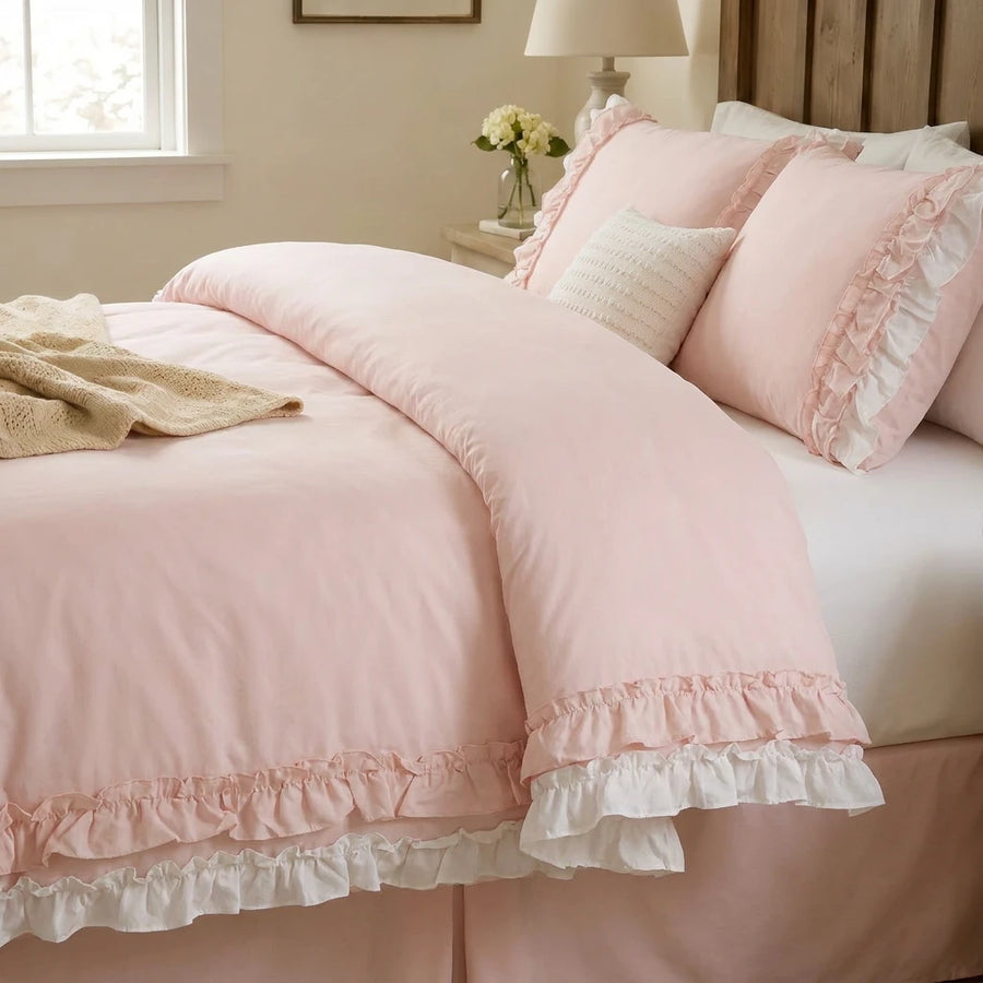 graceful ruffled solid comforter set blush pink romantic frill