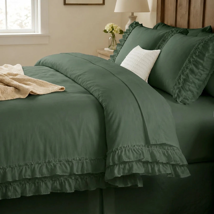 graceful ruffled solid comforter set forest green moody vintage