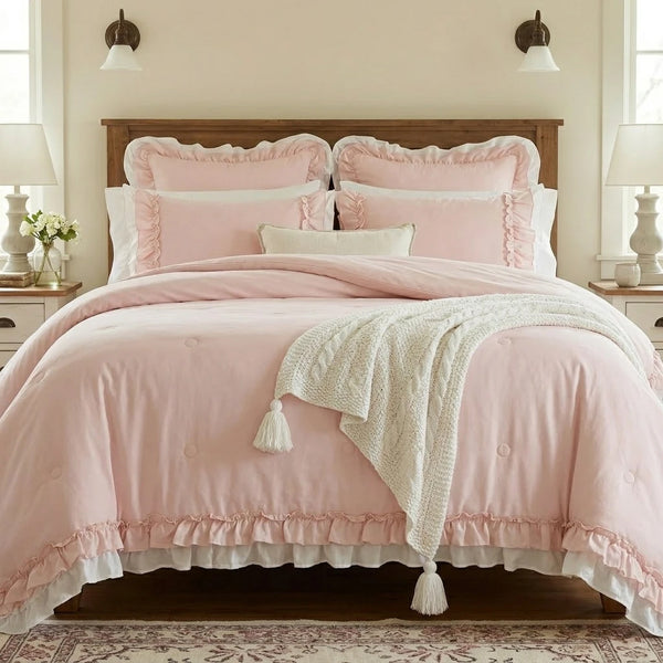 graceful ruffled solid comforter set pink bedding main