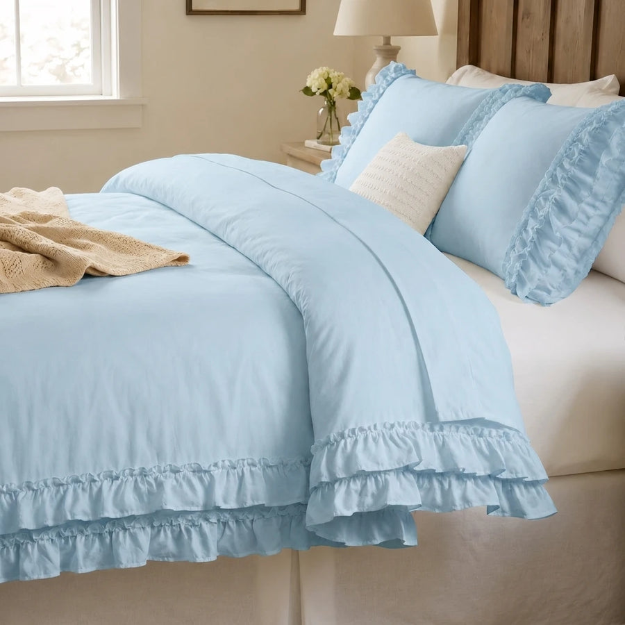 graceful ruffled solid comforter set sky blue coastal cottage