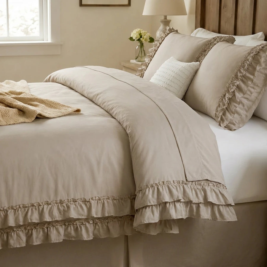 graceful ruffled solid comforter set taupe beige neutral minimalist