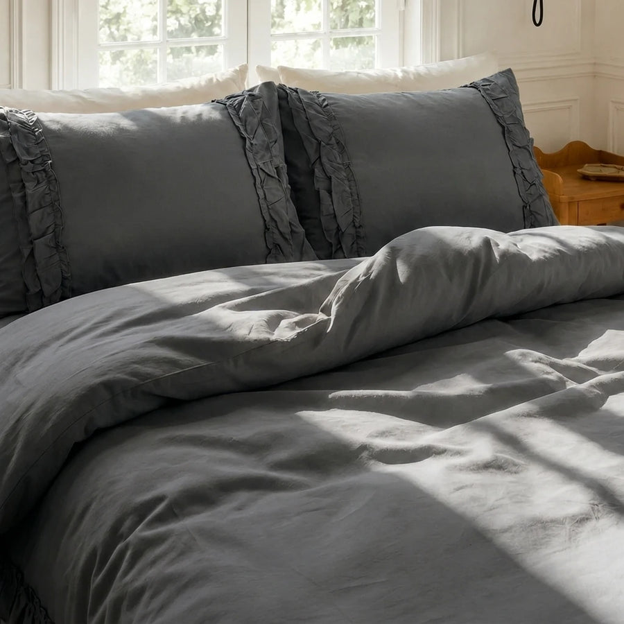 graceful ruffled solid duvet cover set charcoal grey industrial chic