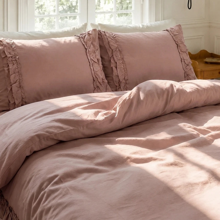 graceful ruffled solid duvet cover set dusty rose pink shabby chic