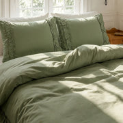 graceful ruffled solid duvet cover set sage matcha green calming