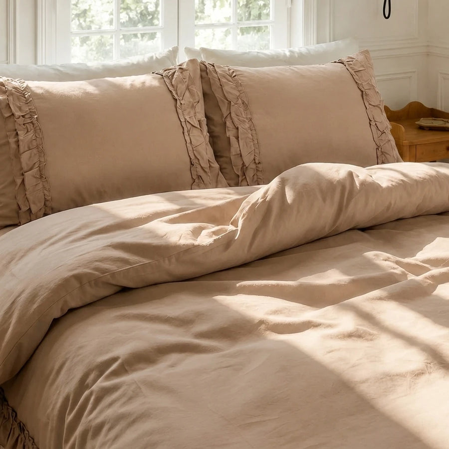 graceful ruffled solid duvet cover set warm taupe camel neutral