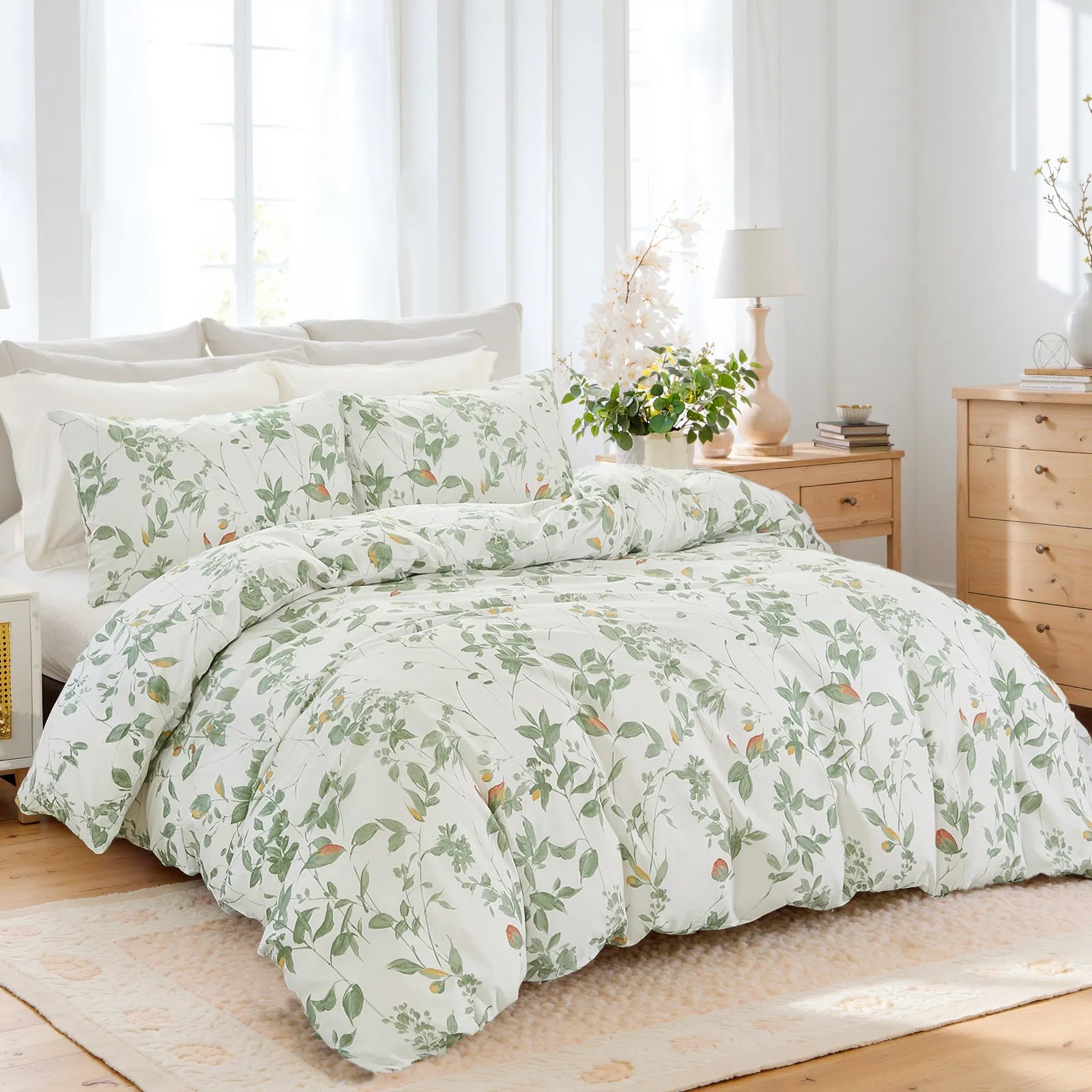 An angled view of the  green leaf comforter set with pillows.