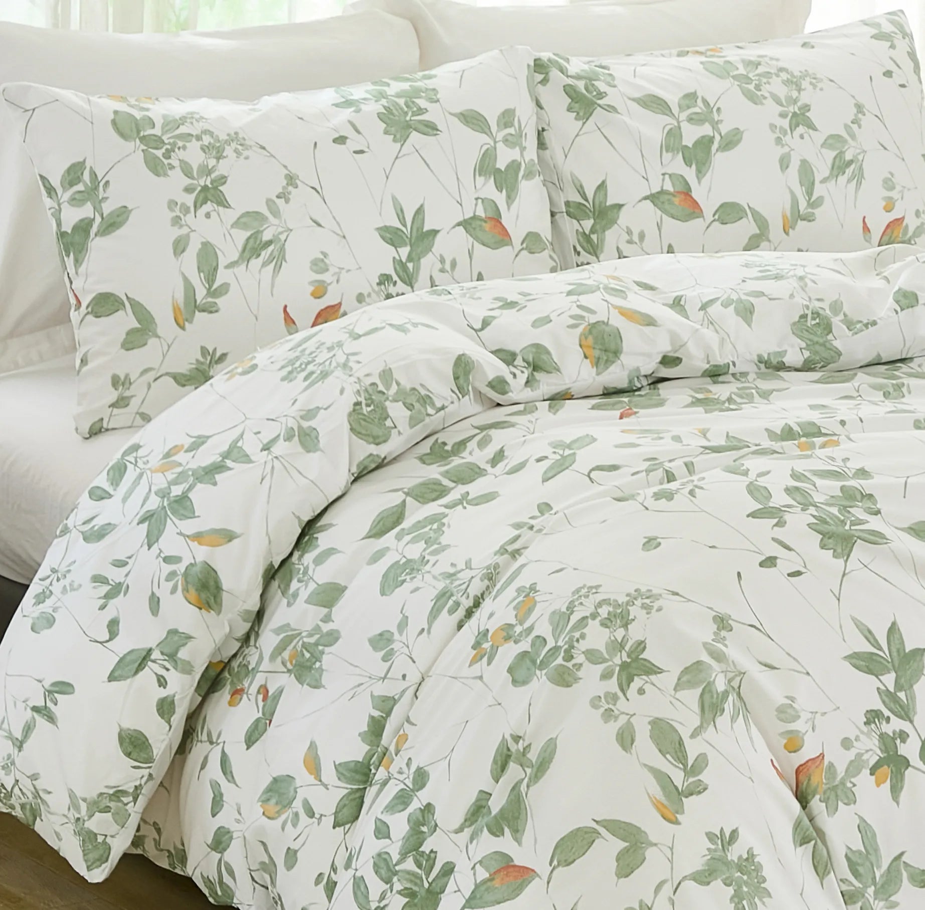 A detailed shot of the soft cotton fabric and leaf print texture