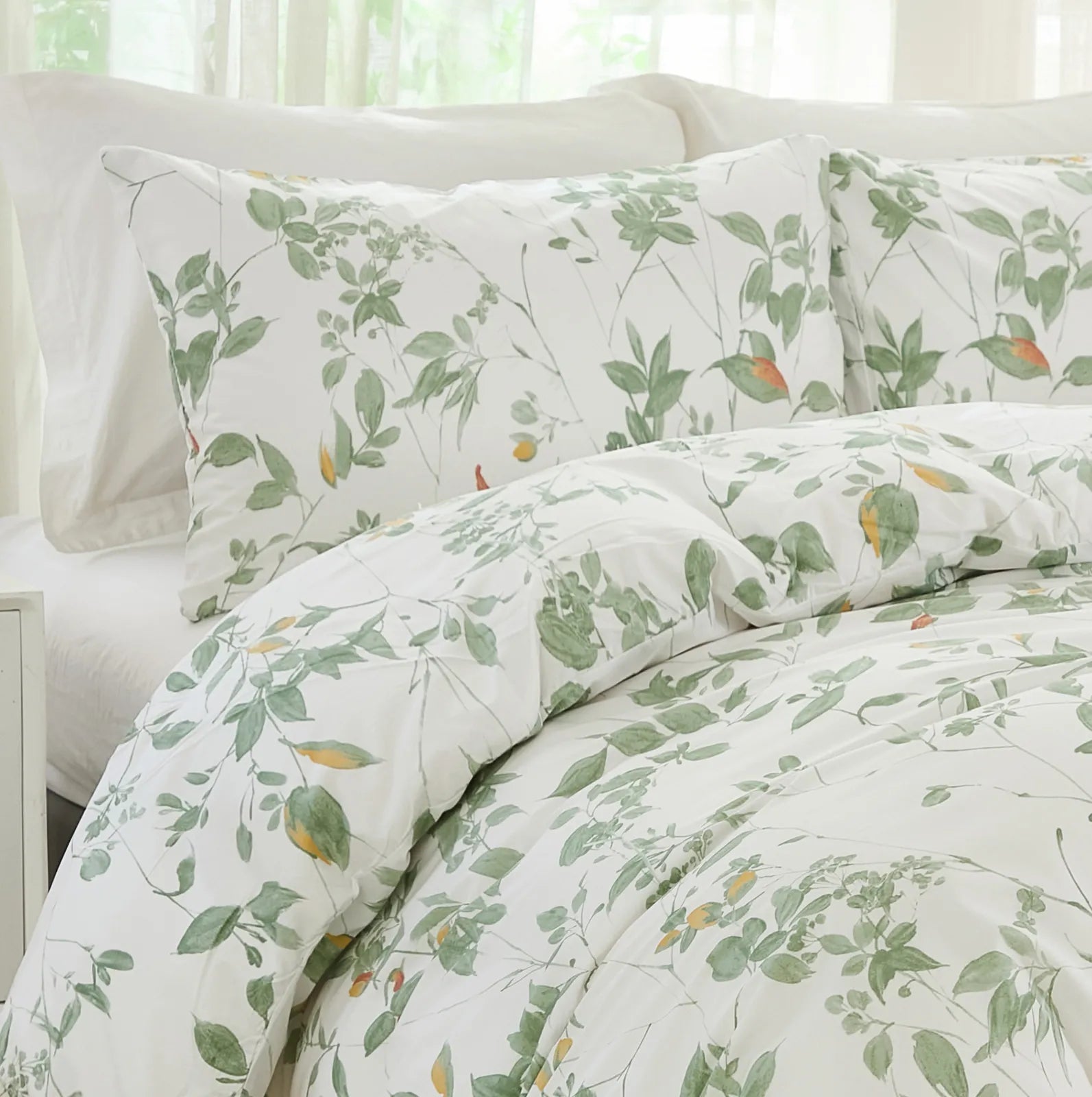 An inviting corner view of the duvet cover set showing its texture and pattern