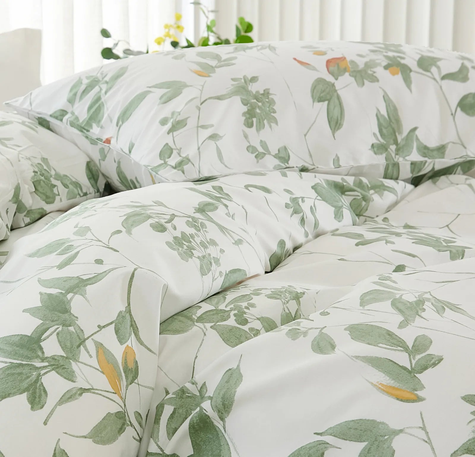 A detailed shot of the soft cotton fabric and botanical pattern