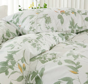 A detailed shot of the soft cotton fabric and botanical pattern