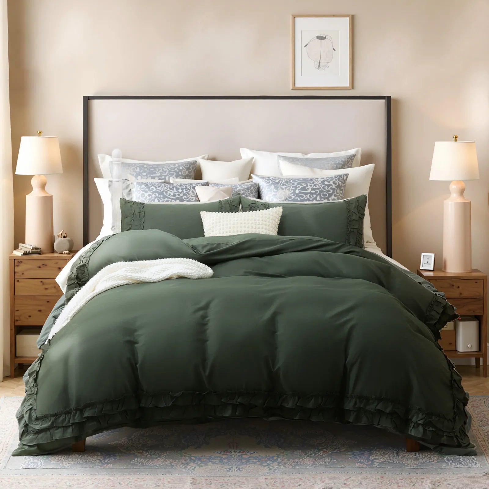 Green ruffled cotton comforter set on a bed