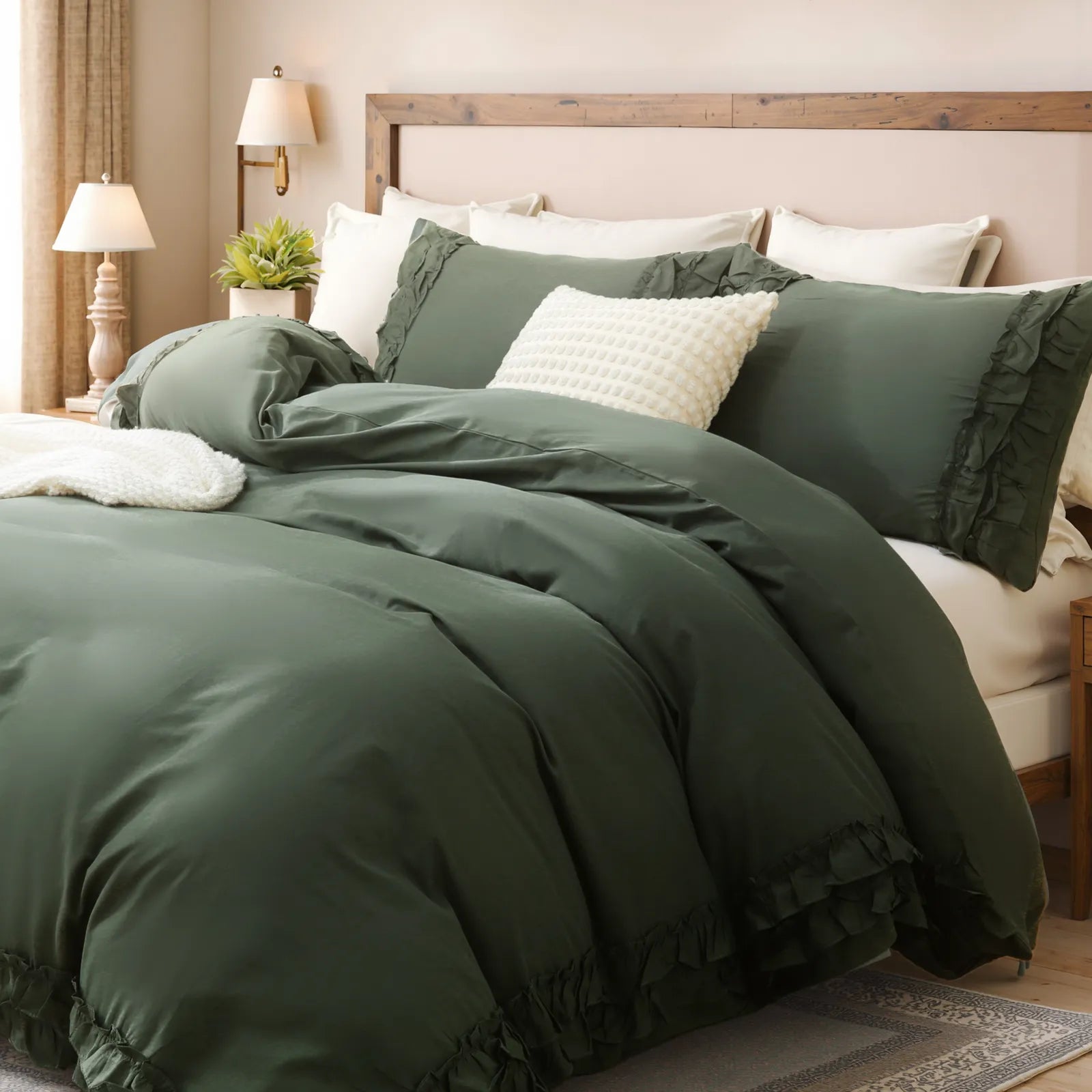 Side view of the green ruffled comforter set, highlighting the texture and drape
